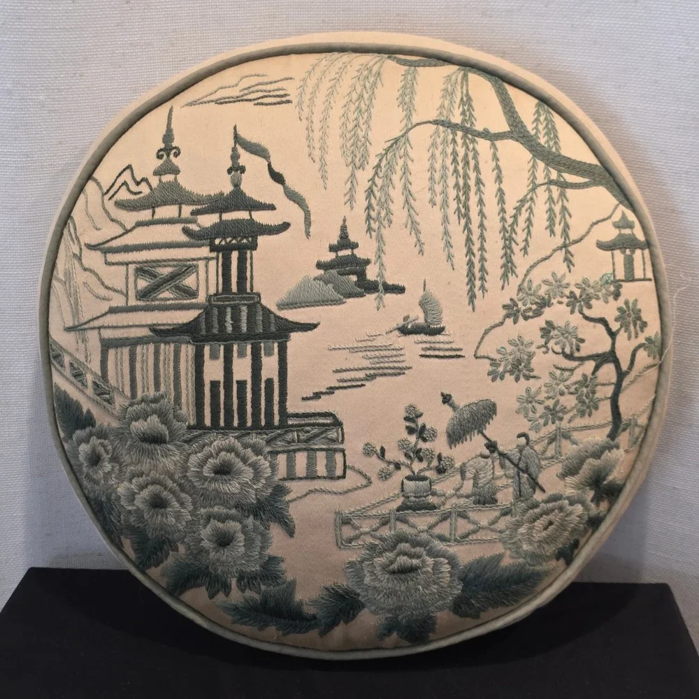 Vintage Asian Round Silk Embroidered Pillow Pagoda Landscape Style Green 14.5in
